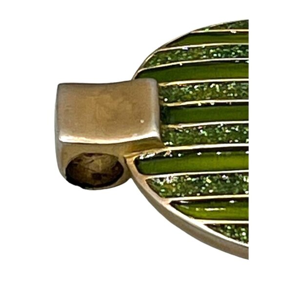 Vintage Green & Gold Tone Striped Enamel Xmas Ornament Pendant 1 1/2" Round - Picture 2 of 8